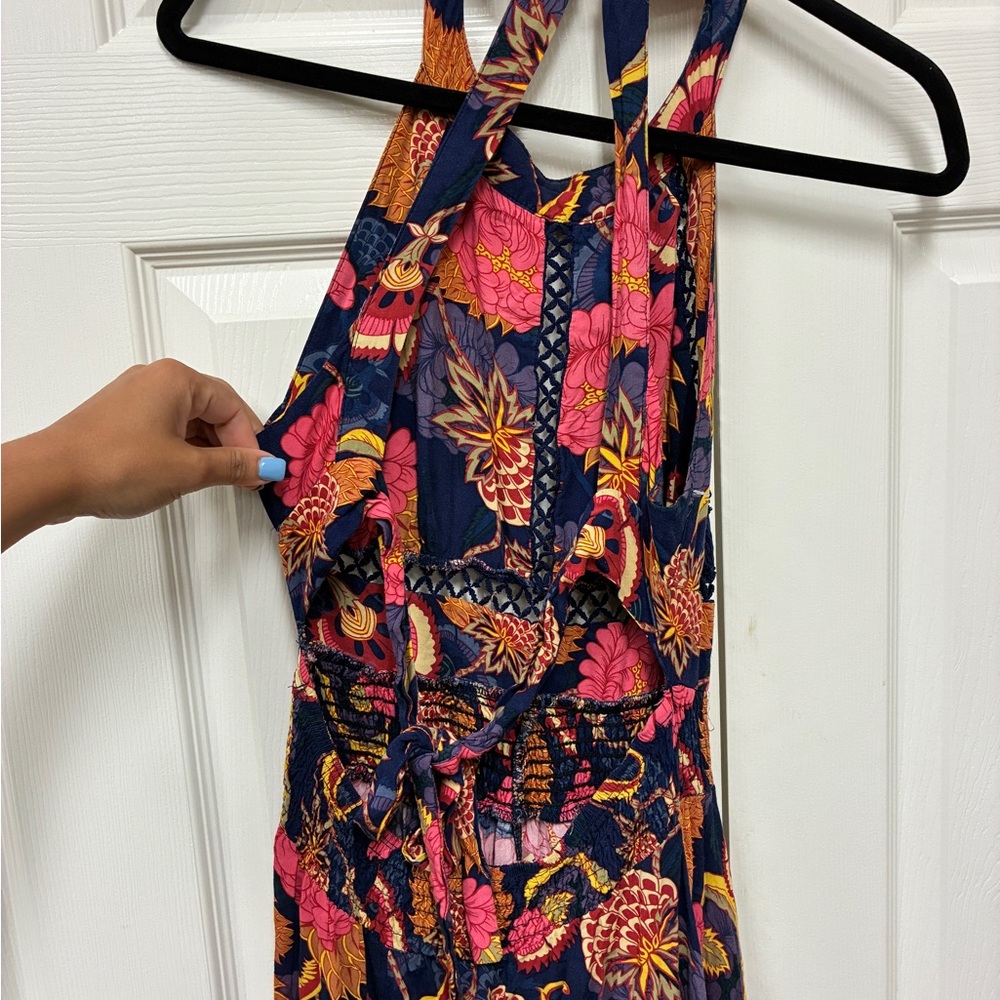 Japna Navy Floral Halter Back-Tie Maxi Dress with Pink & Orange Blooms - Picture 5 of 7